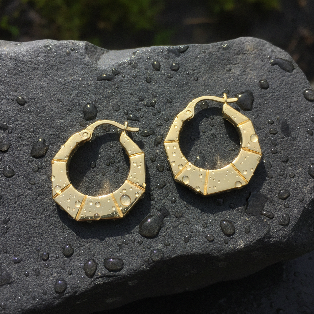 GER135. 14K Gold Hexagon Hollow Hoop Earrings