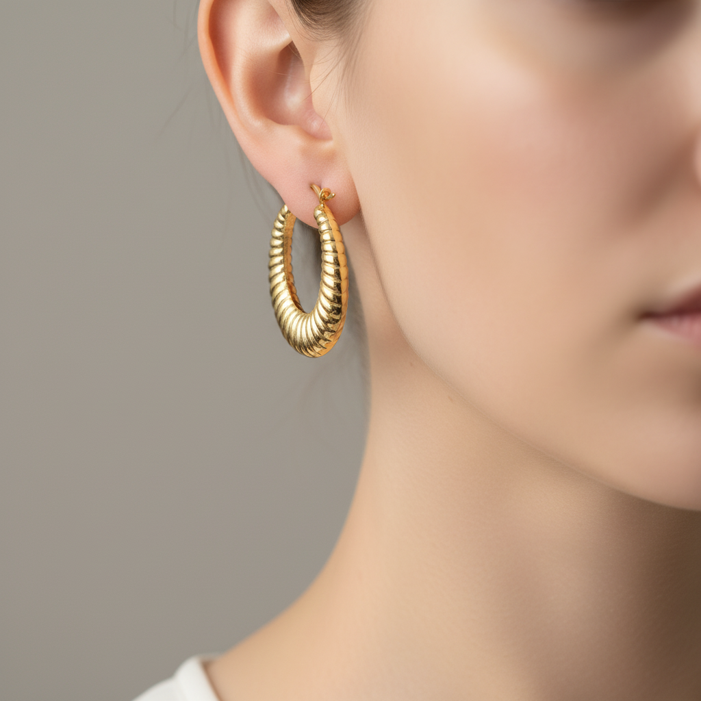 GER128. 14K Solid Gold Chunky Croissant Hollow Hoop Earrings