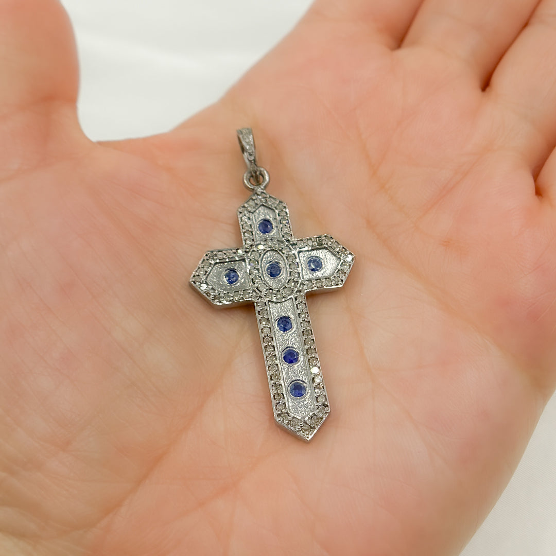 Pave Diamond & 925 Sterling Silver Black Rhodium Cross Pendant with Gemstone. DP450