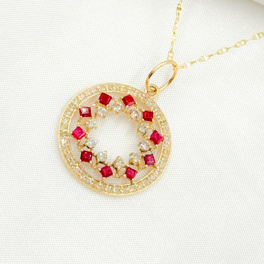 GDP159. 14K Solid Gold with Diamonds Circle Shape Charm with Gemstones