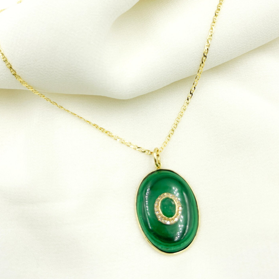 KG63. 14K Solid Gold with Diamonds Oval Shape with Malachite & Emerald Stone Charm