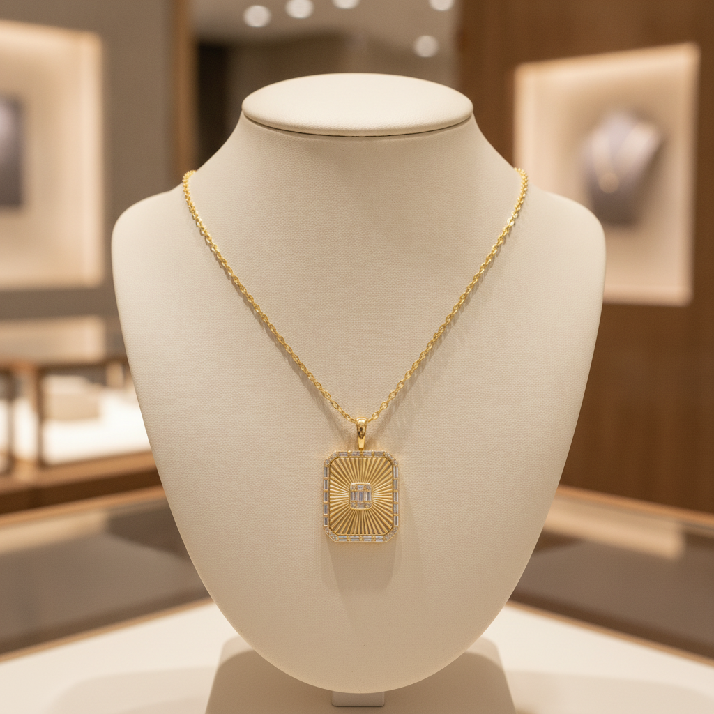 PFE33148. 14K Solid Gold Diamond Rectangle Necklace