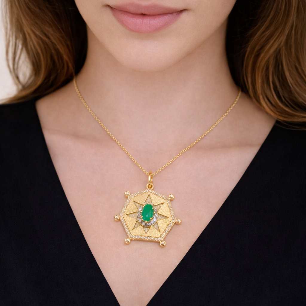 GDP649. 14K Solid Gold Diamond Hexagon Shape Charm With Gemstone in the Center