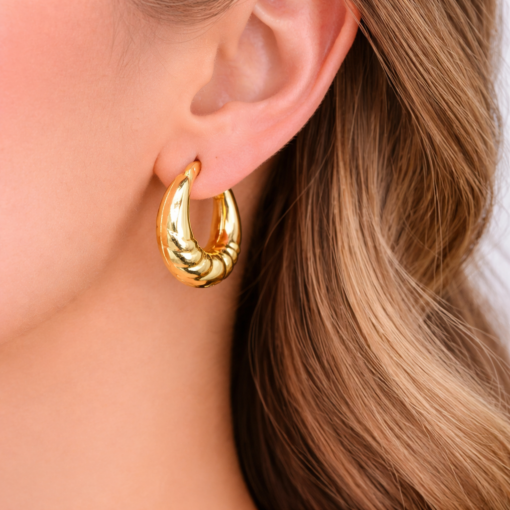 GER180. 14K Solid Gold Croissant Hollow Hoops