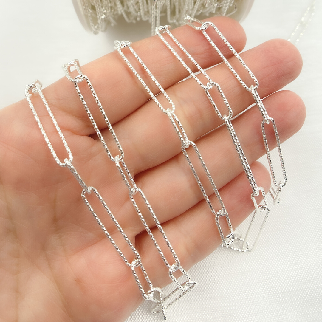 925 Sterling Silver Hammered Paperclip Link Chain. V4SS