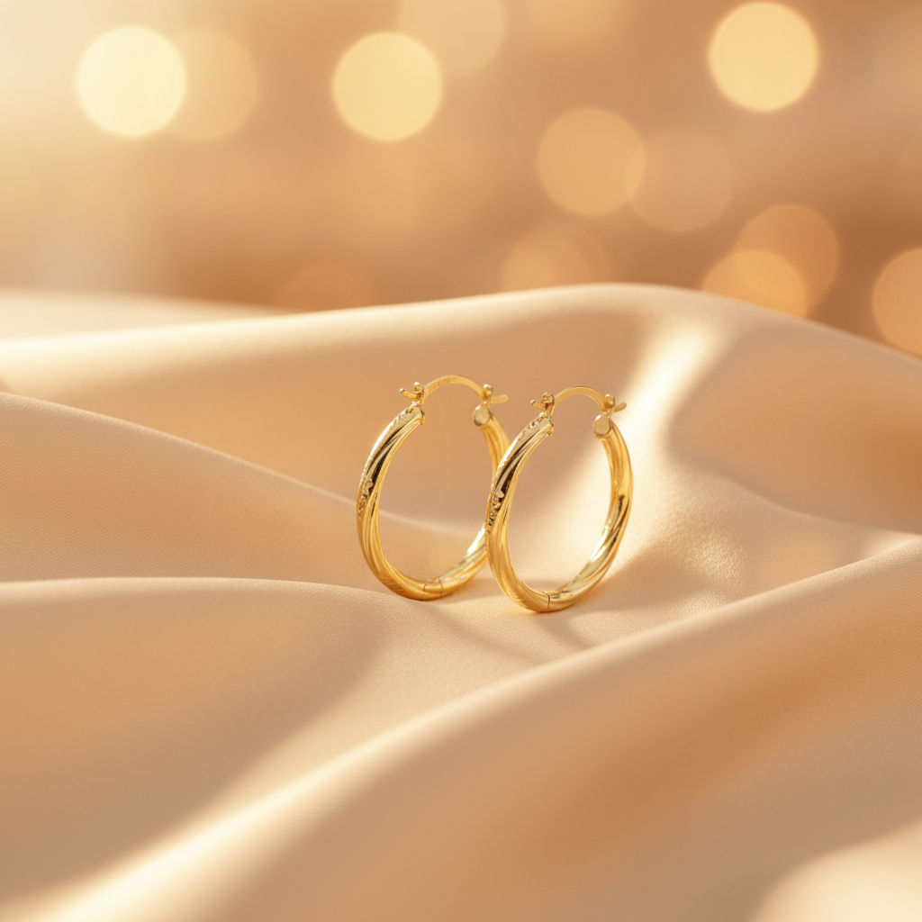 GER69. 14K Gold Hollow Hoop Earrings with Engraved Tornado Design