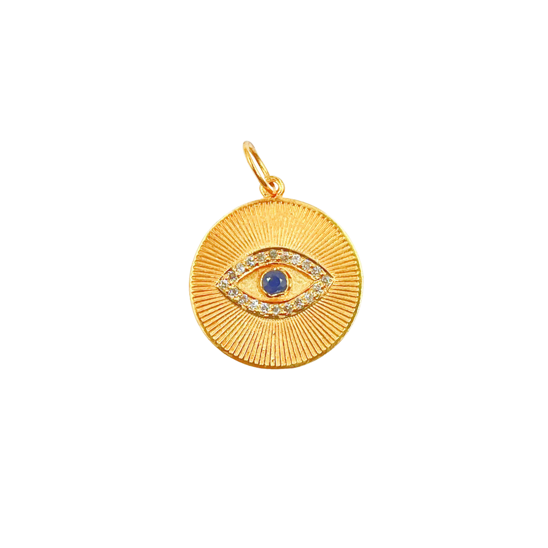 GDP328. 14K Solid Gold Diamonds and Blue Sapphire Circle Evil Eye