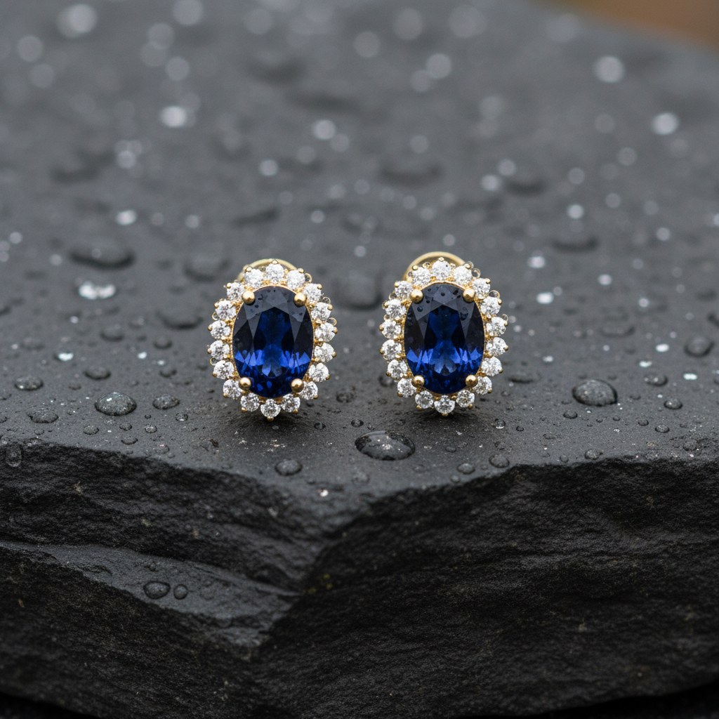 ER113641. 14k Solid Gold Diamond and Gemstone Oval Stud Earrings
