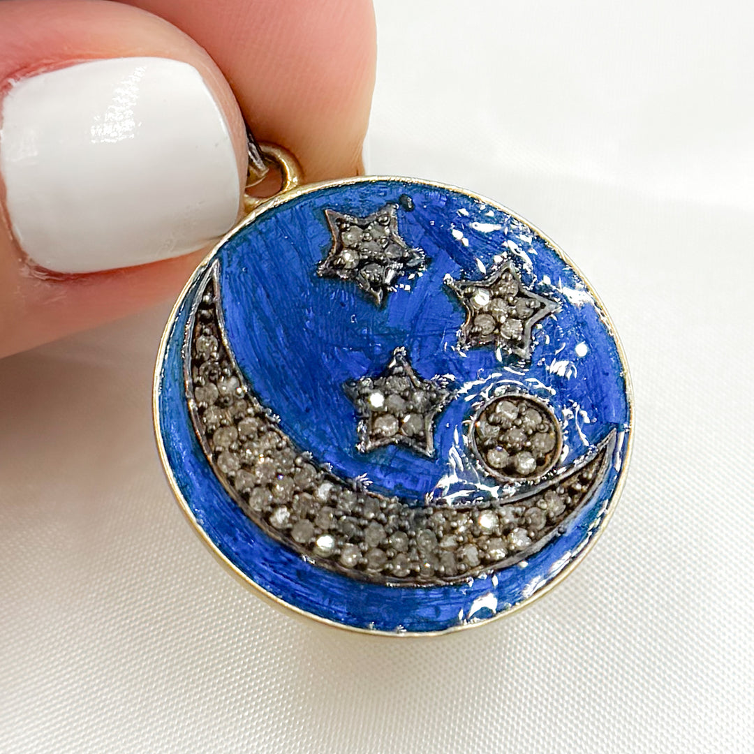 DP510A. Diamond Sterling Silver Round Moon and Star Enamel Pendant