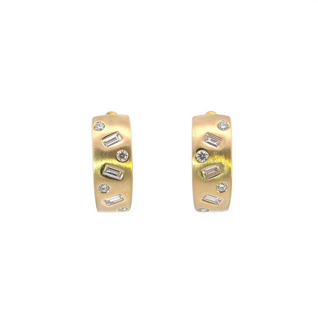 EHF57592. 14K Solid Yellow Matte Gold Diamond Hoop Earring
