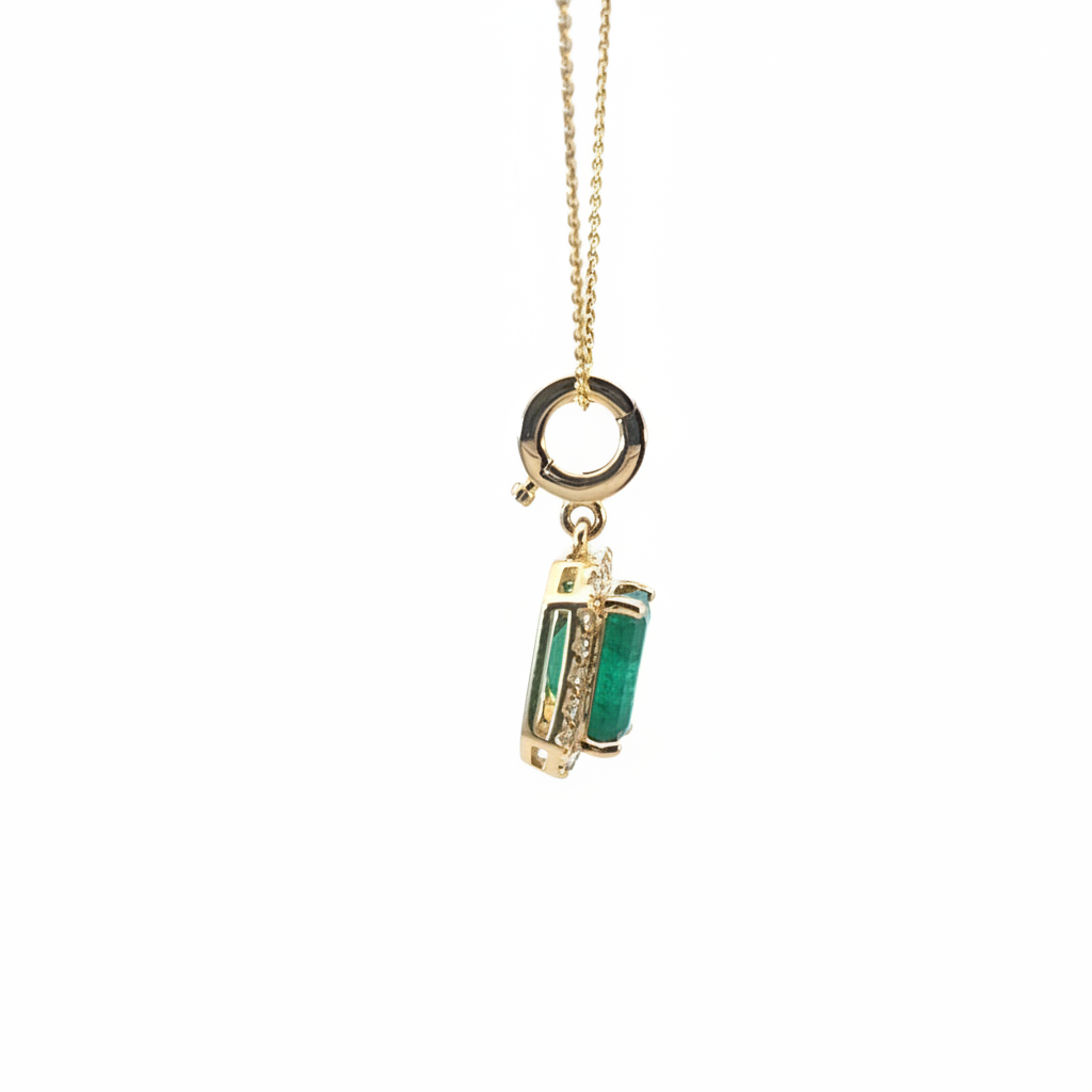 CMC00365EM7X5. 14K Solid Gold Rectangular-Shaped Emerald and Diamond Charm