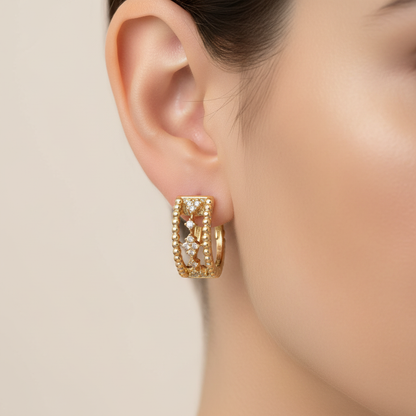 EHC57625. 14K Solid Yellow Gold Diamond Fancy Hoop Earrings