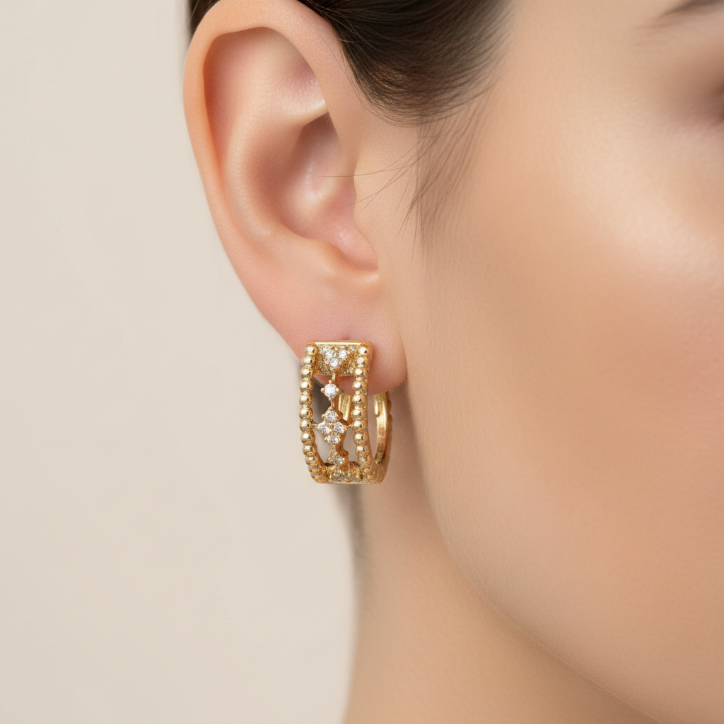 EHC57625. 14K Solid Yellow Gold Diamond Fancy Hoop Earrings