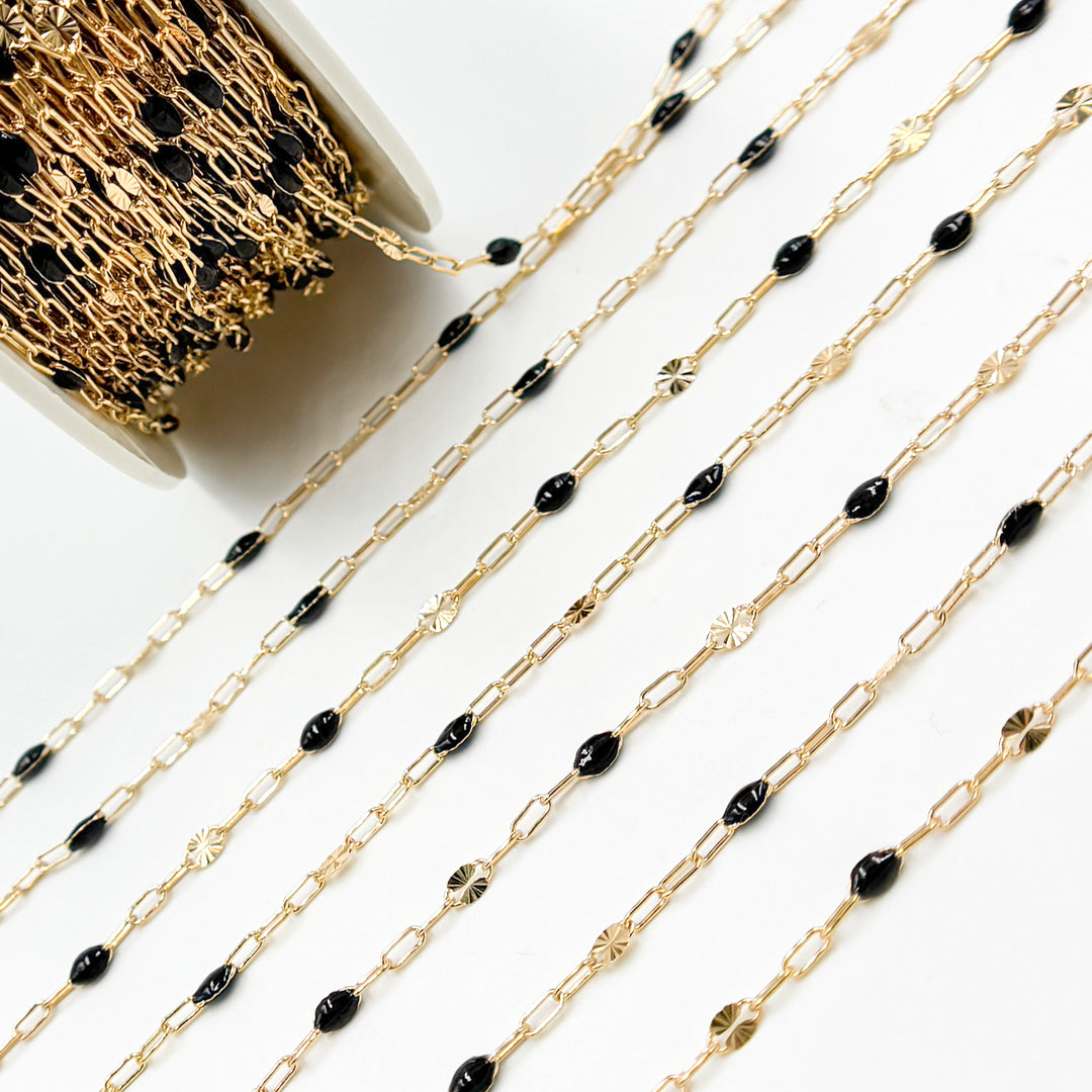 V295BKGF. 14K Gold Filled Black Color Enamel with Paperclip and Diamond Cut Marina Links