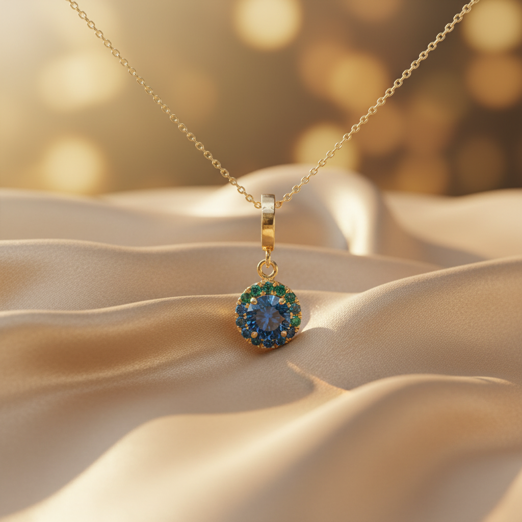 CMF00358B. 14K Solid Gold Blue Natural Diamond Round Charm