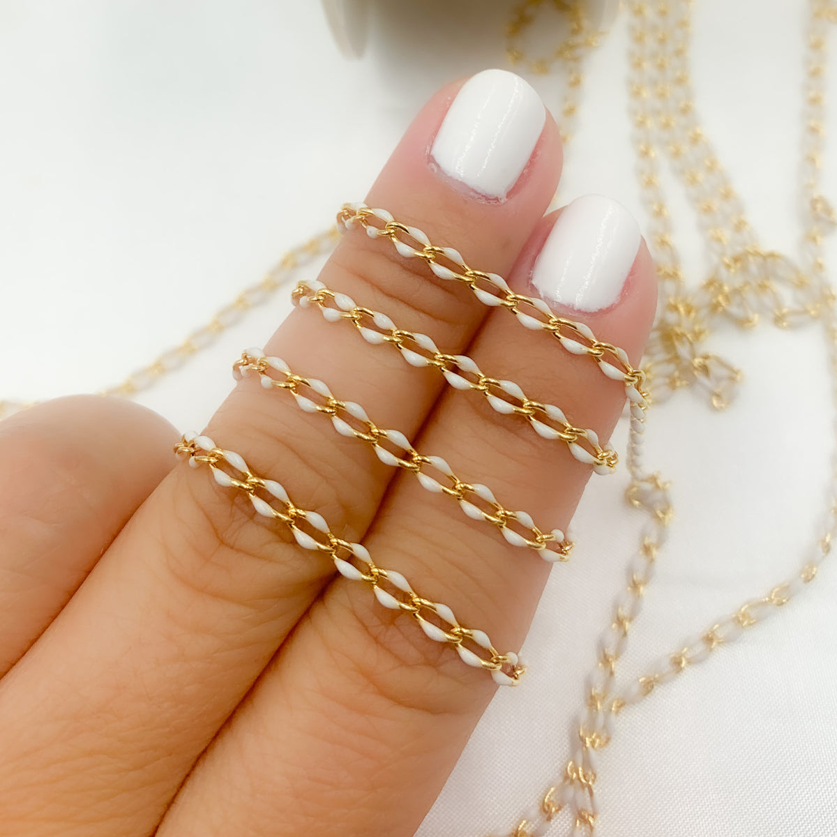 Sterling Silver Gold Plated White Enamel Cable Link Chains