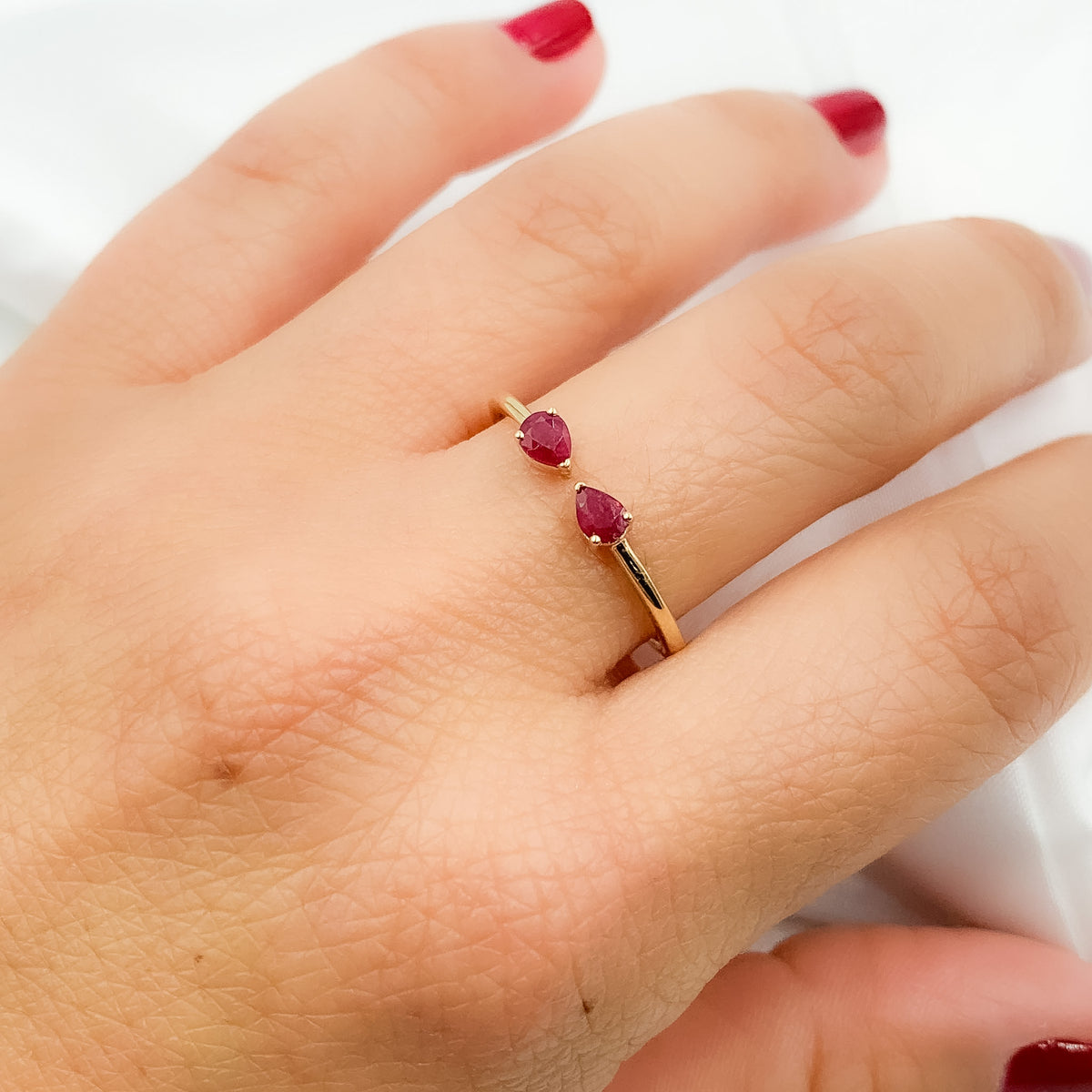 14K Solid Gold Gemstone 2 Drop Open Ring.