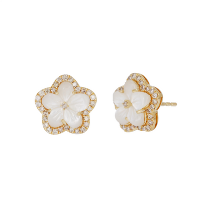 EFG53063PL. 14K Solid Gold Diamond Mother of Pearl Flower Studs Earrings