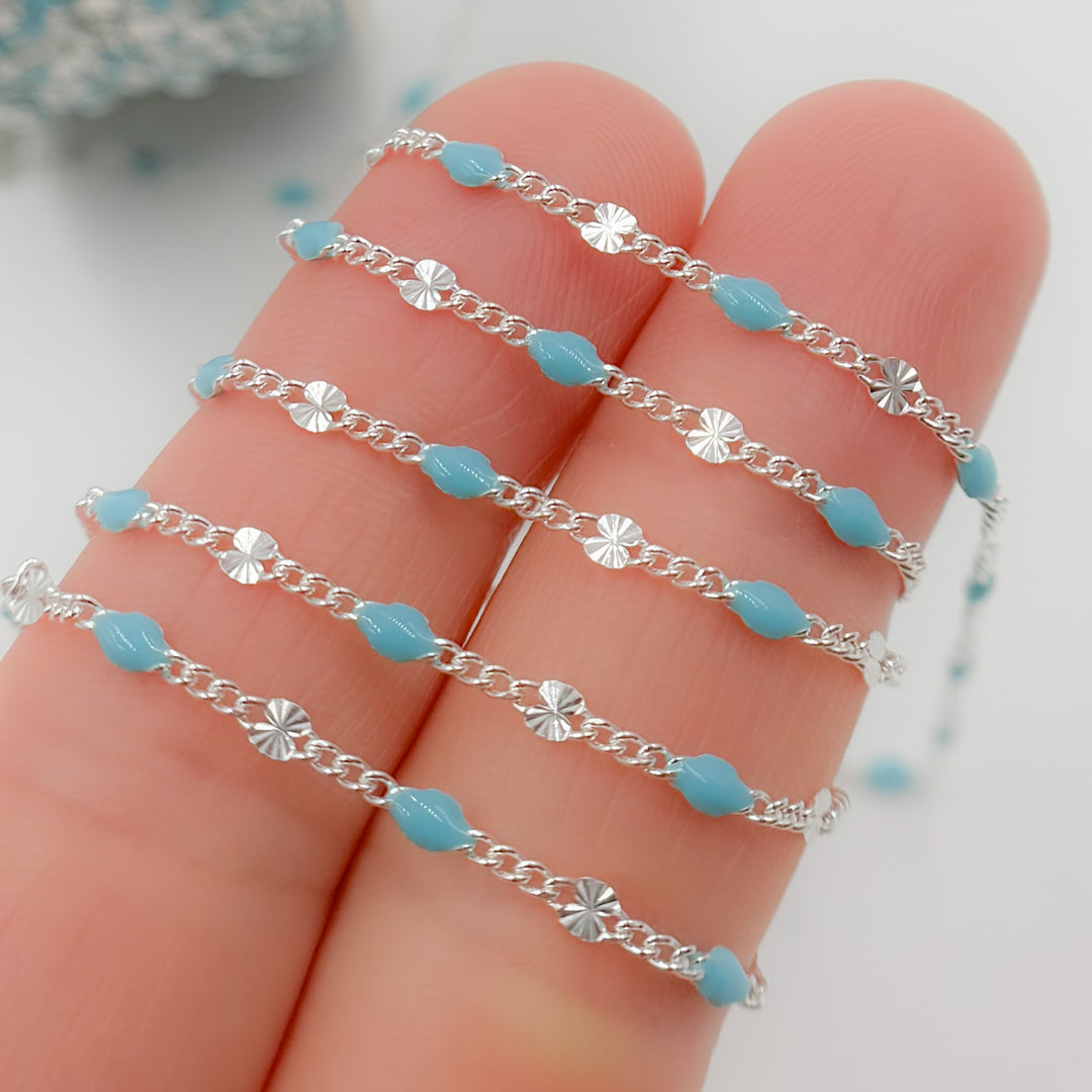 Sterling Silver Turquoise Color Enamel  Marina Link Chain