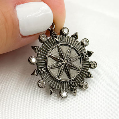 Sterling Silver Round Compass Pendant with Gemstone