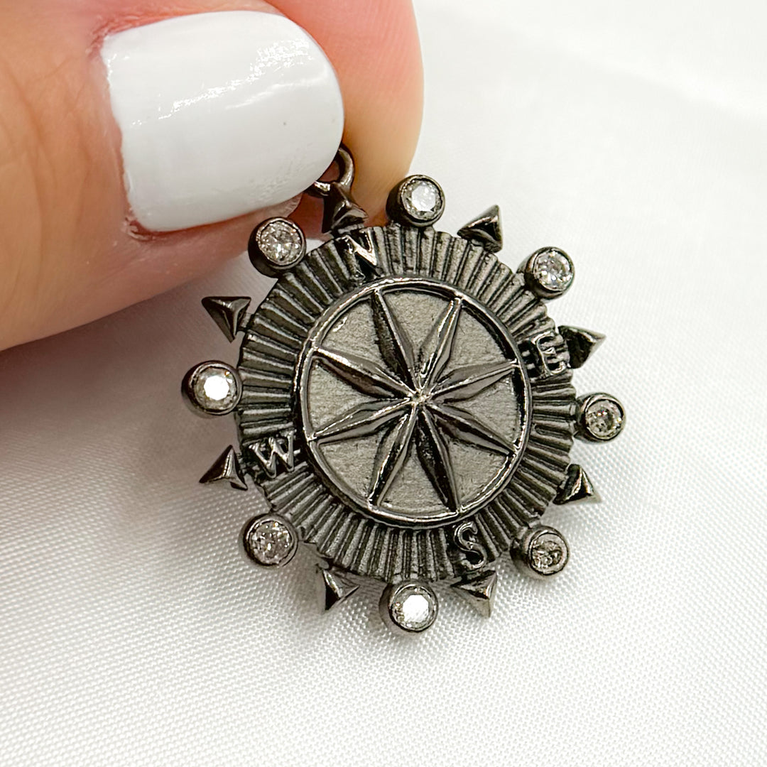 DP720. Diamond Sterling Silver Round Compass Pendant with Gemstone