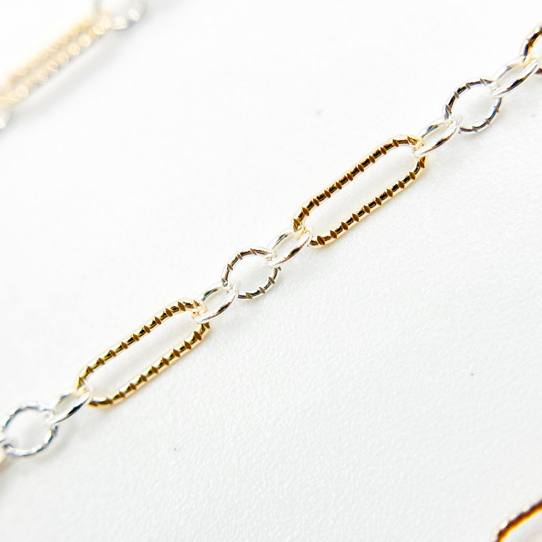 XM/1003K/SP. 14K Gold Filled and Sterling Silver Knurled Link Chain – Long & Short Pattern