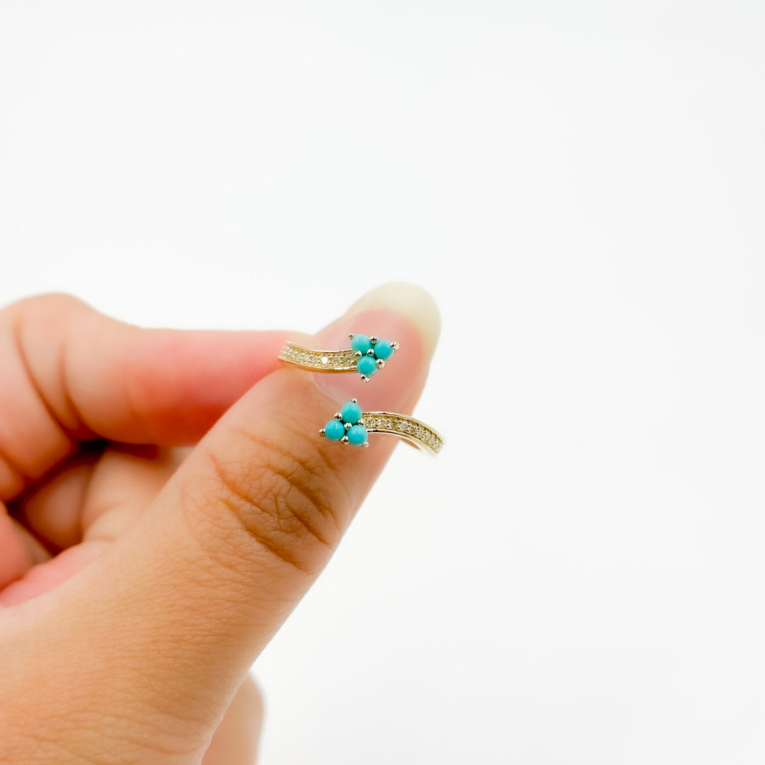14K Solid Yellow Gold Diamond and Turquoise Open Triangle Ring