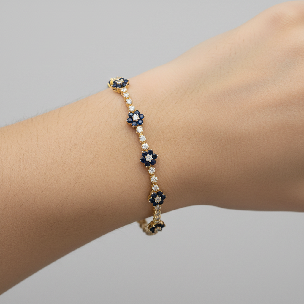 BR402699. 14k Solid Gold Diamond and Gemstone Fancy Flower Bracelet