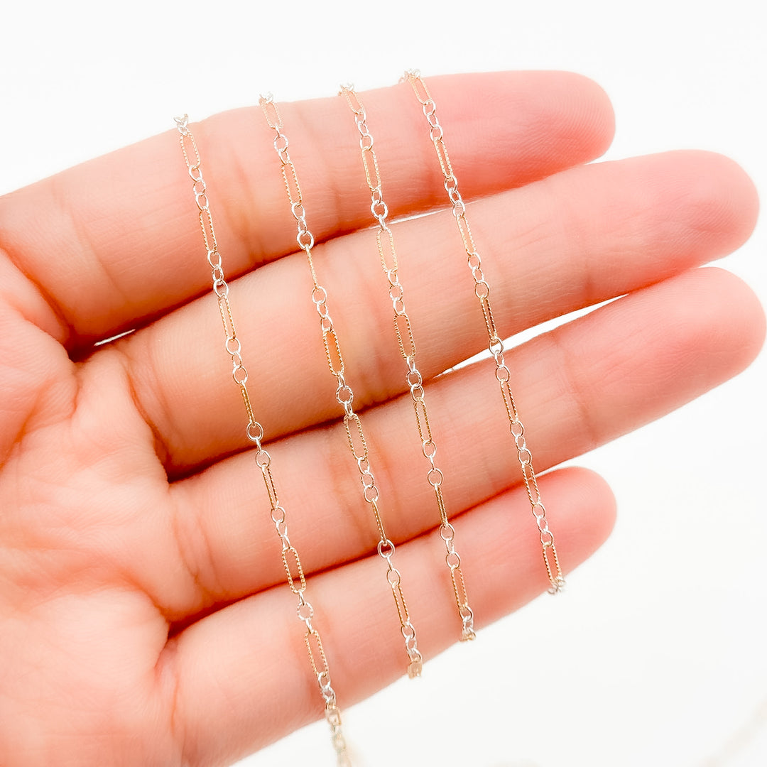 XM/1003K/SP. 14K Gold Filled and Sterling Silver Knurled Link Chain – Long & Short Pattern
