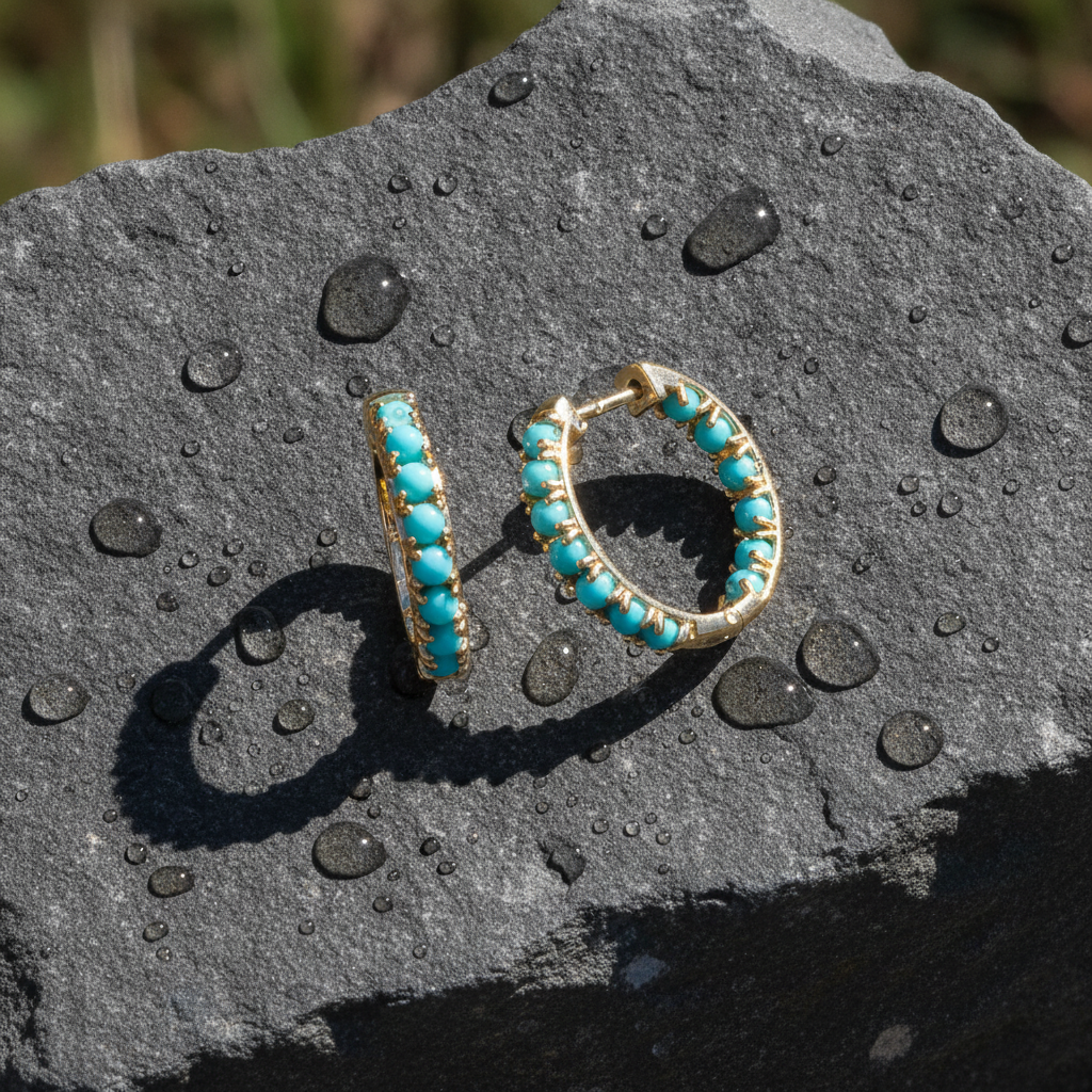 EHZ57733TQ. 14K Solid Gold Turquoise Hoops