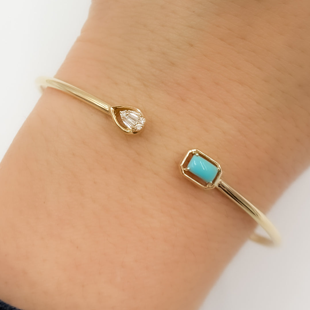 BNA68584TQ. 14K Solid Gold Diamond and Turquoise Open Bangle