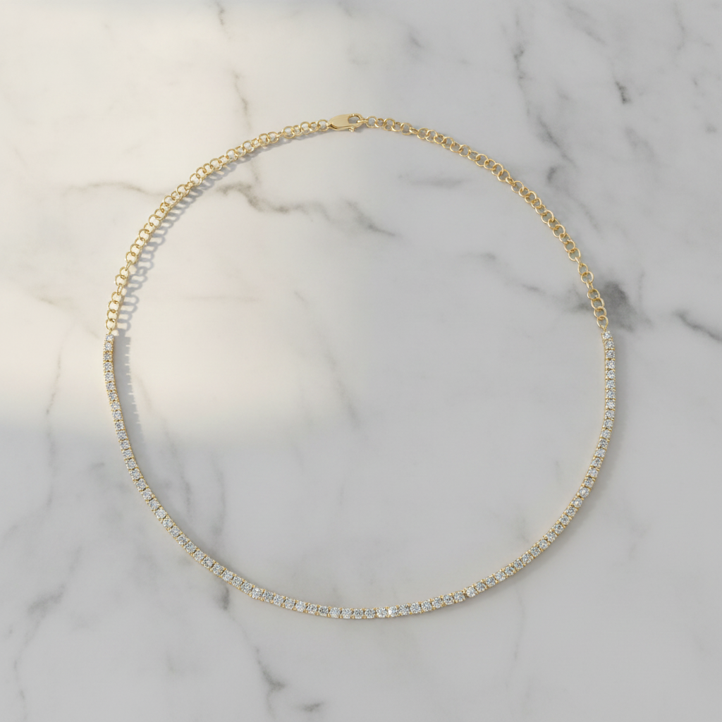 NFS71713. 14K Solid Gold Diamond Tennis Choker Necklace