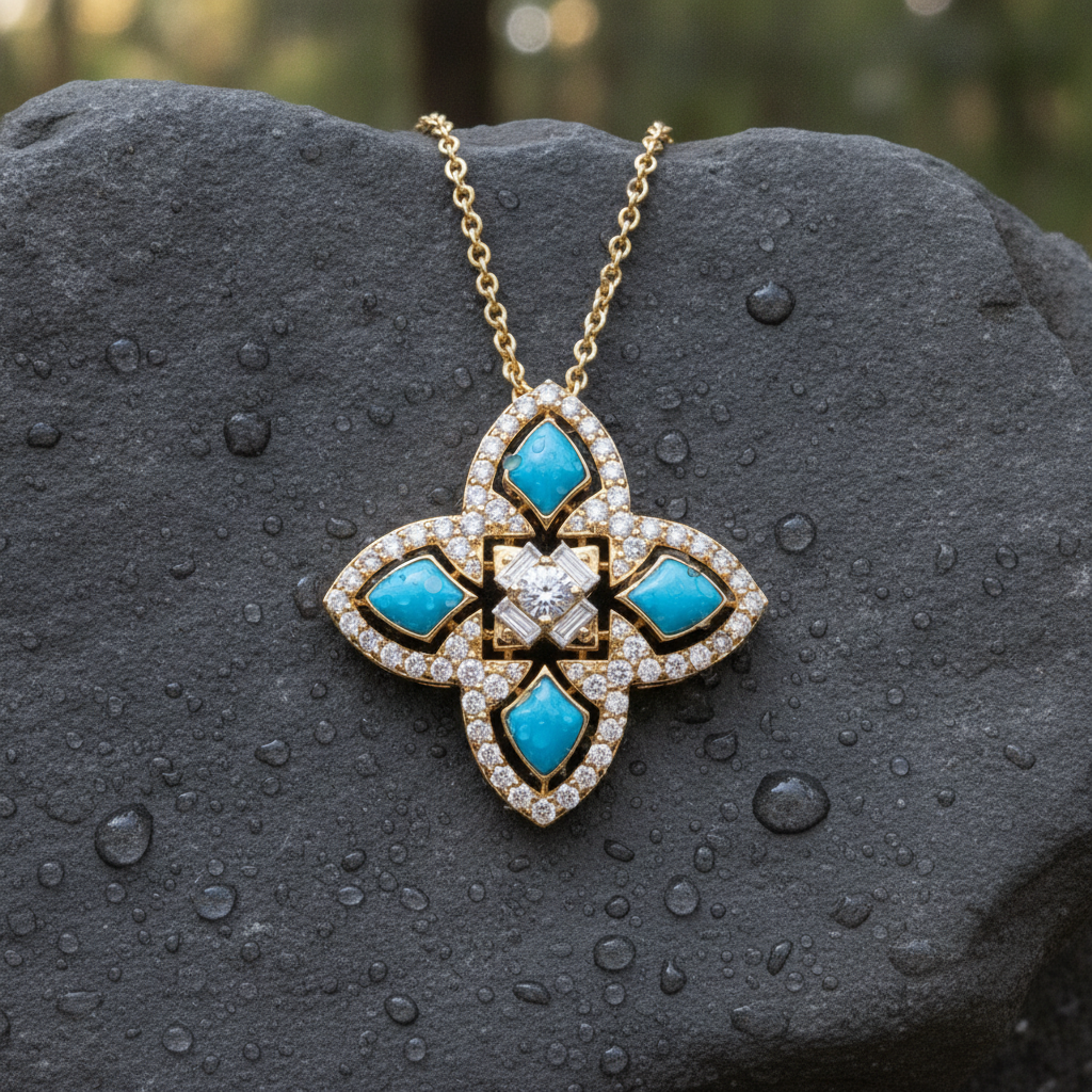 DPE00986TQ. 14K Solid Gold Diamond and Turquoise Flower Pendant