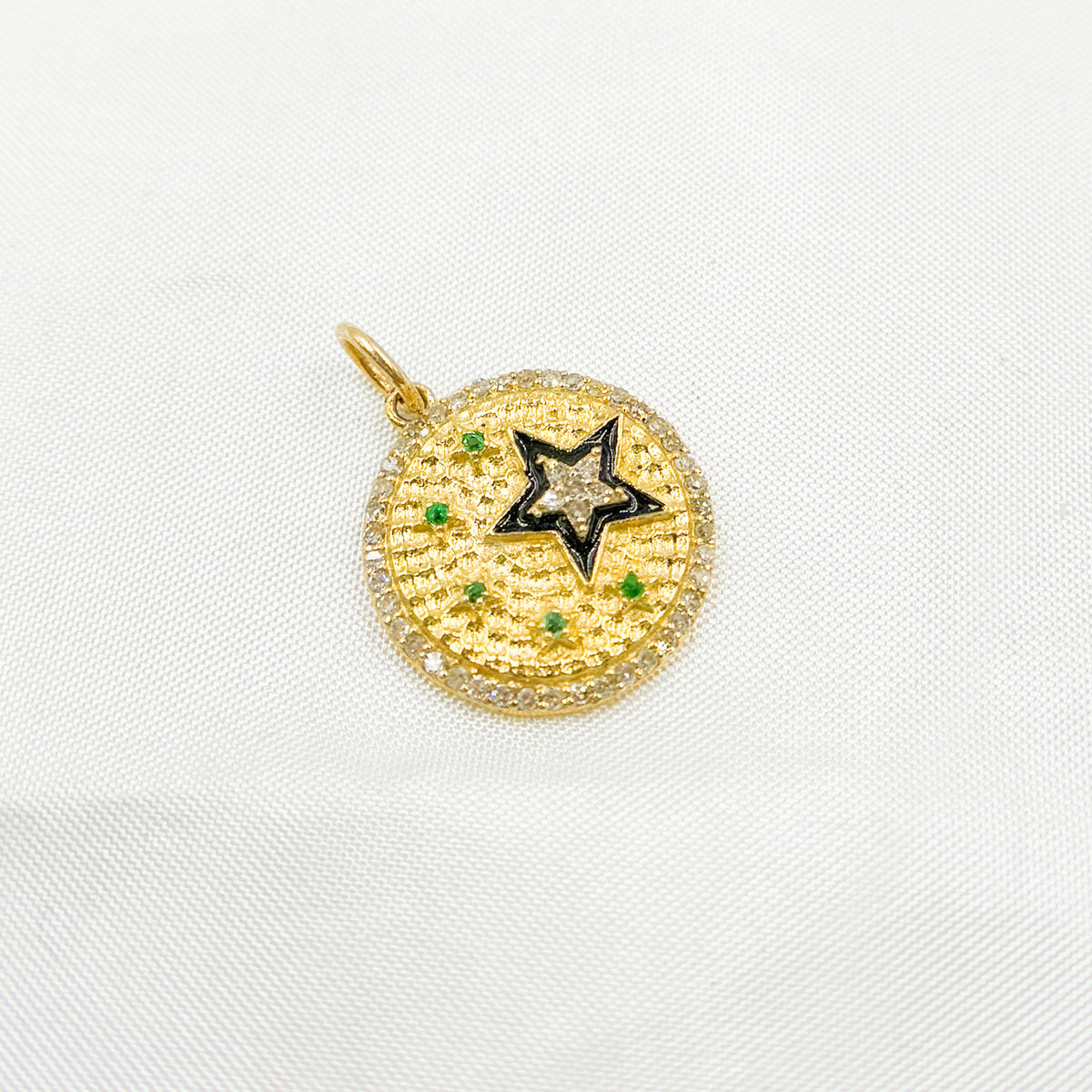 KG236. 14k Solid Gold Circle Charm with Diamonds, Gemstones, and Enamel with Stars
