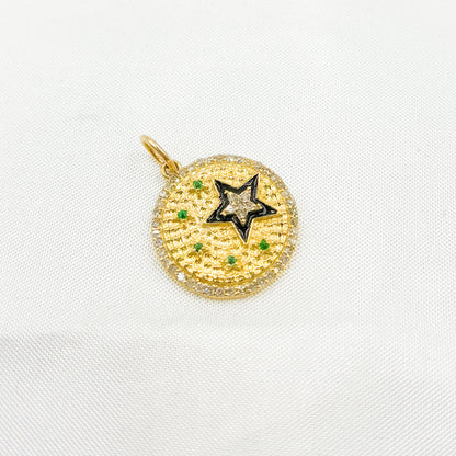 KG236. 14k Solid Gold Circle Charm with Diamonds, Gemstones, and Enamel with Stars