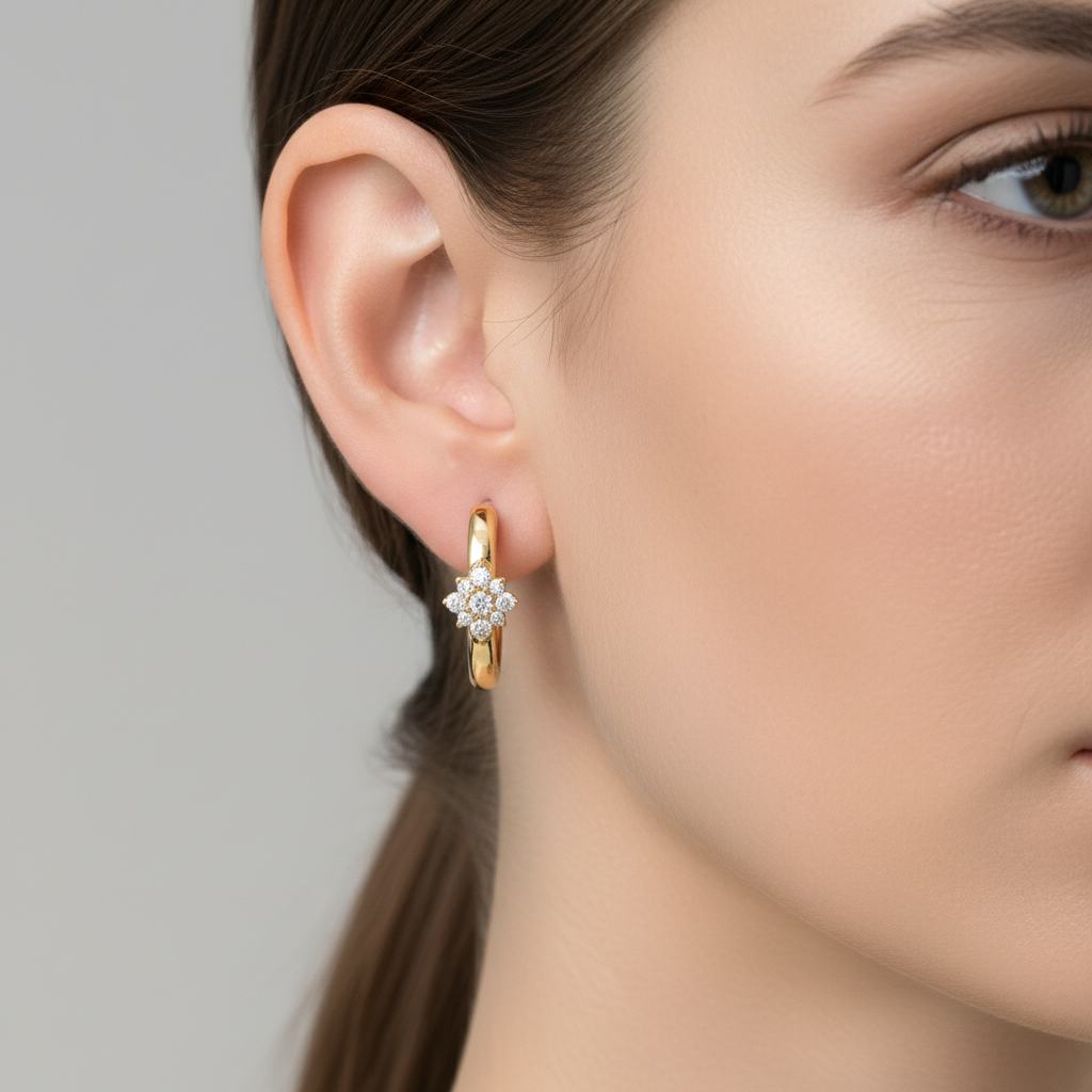EHD57626. 14K Solid Yellow Gold Diamond Flower Huggie Hoop Earrings