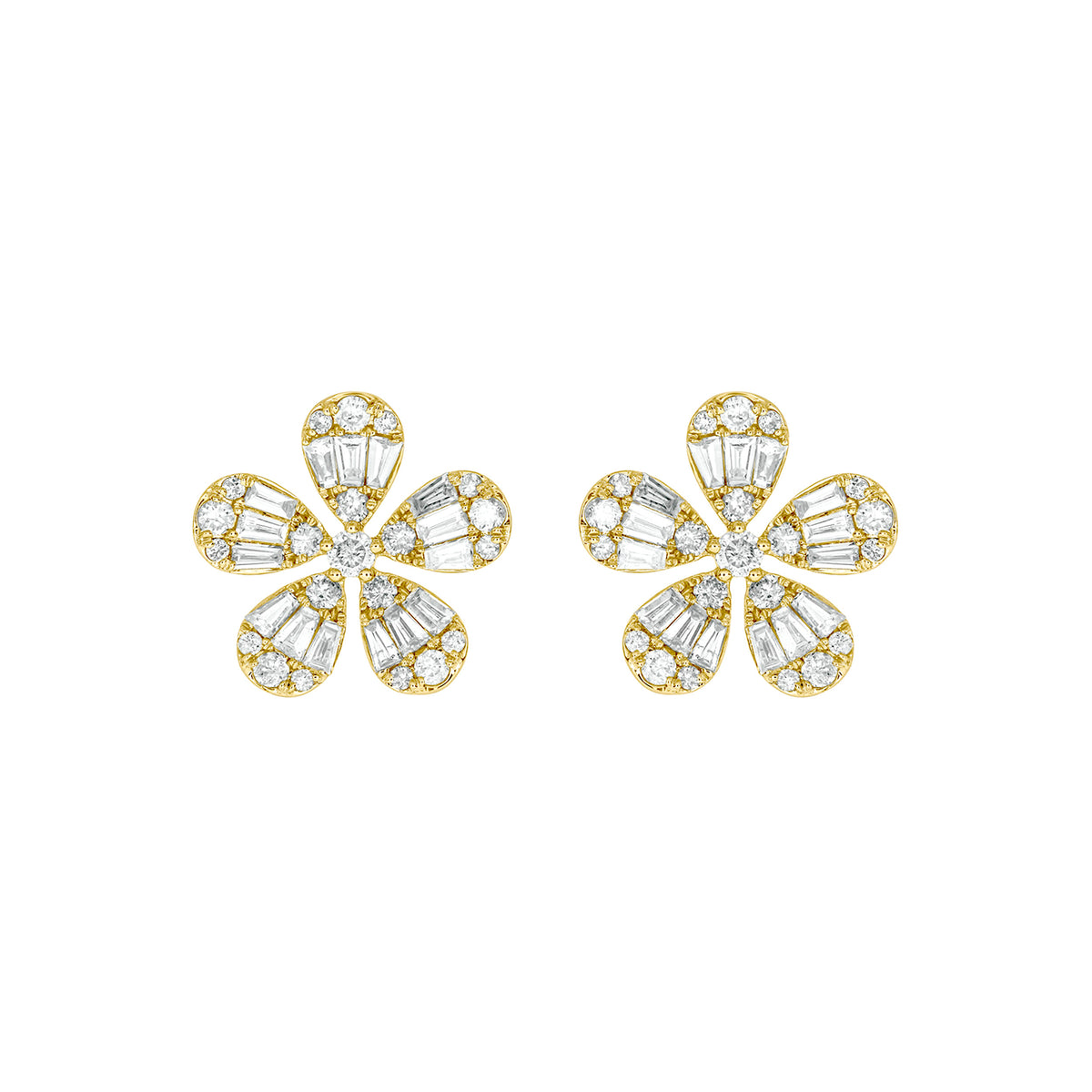 EFL52682. 14K Solid Gold Diamond Baguette Flower Stud Earrings