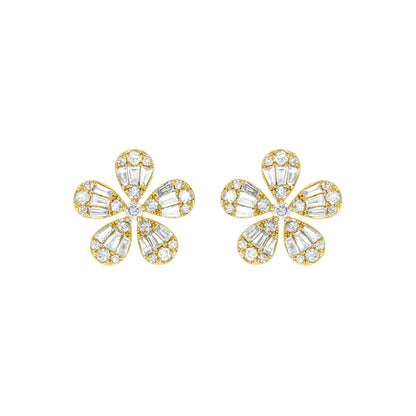 EFL52682. 14K Solid Gold Diamond Baguette Flower Stud Earrings