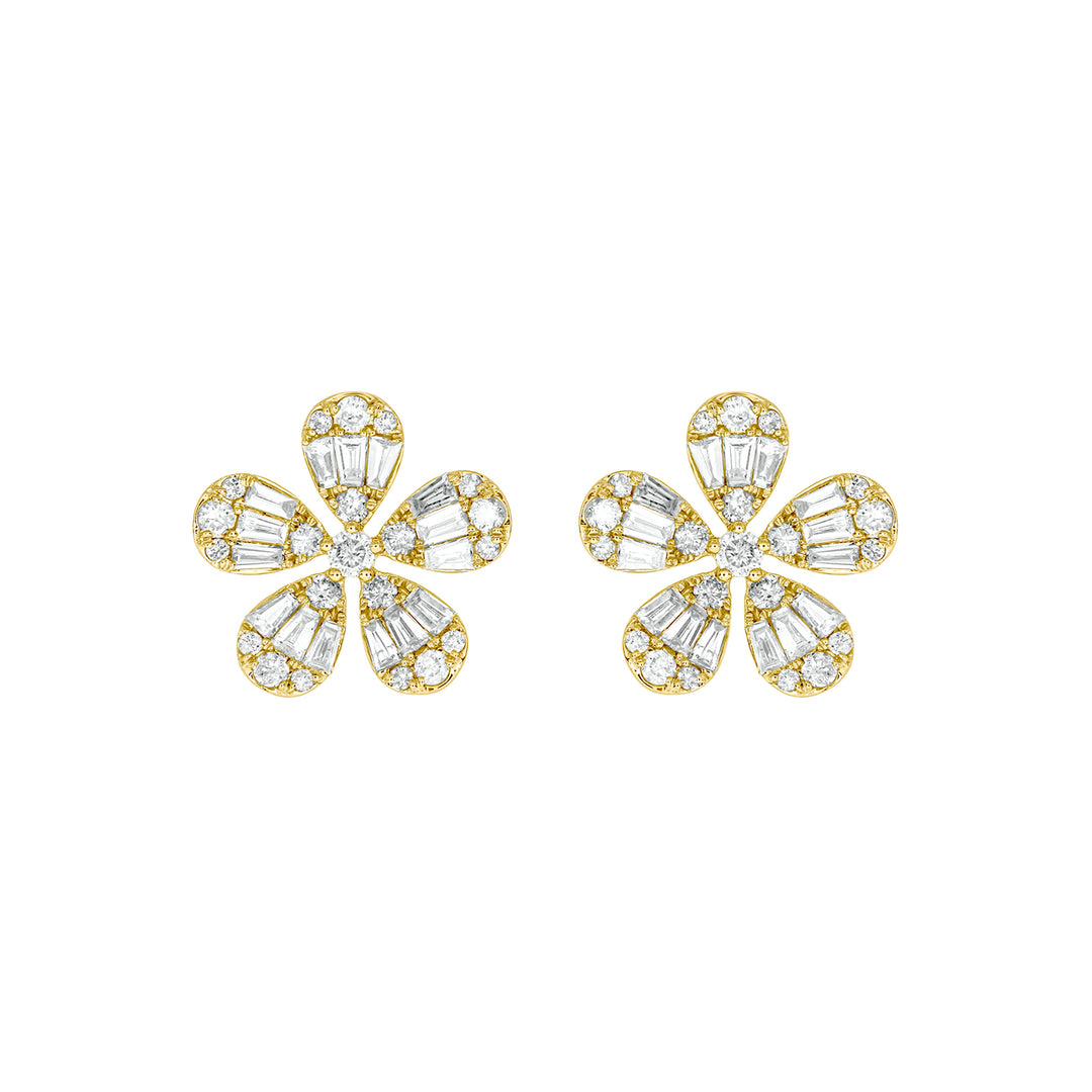 EFL52682. 14K Solid Gold Diamond Baguette Flower Stud Earrings