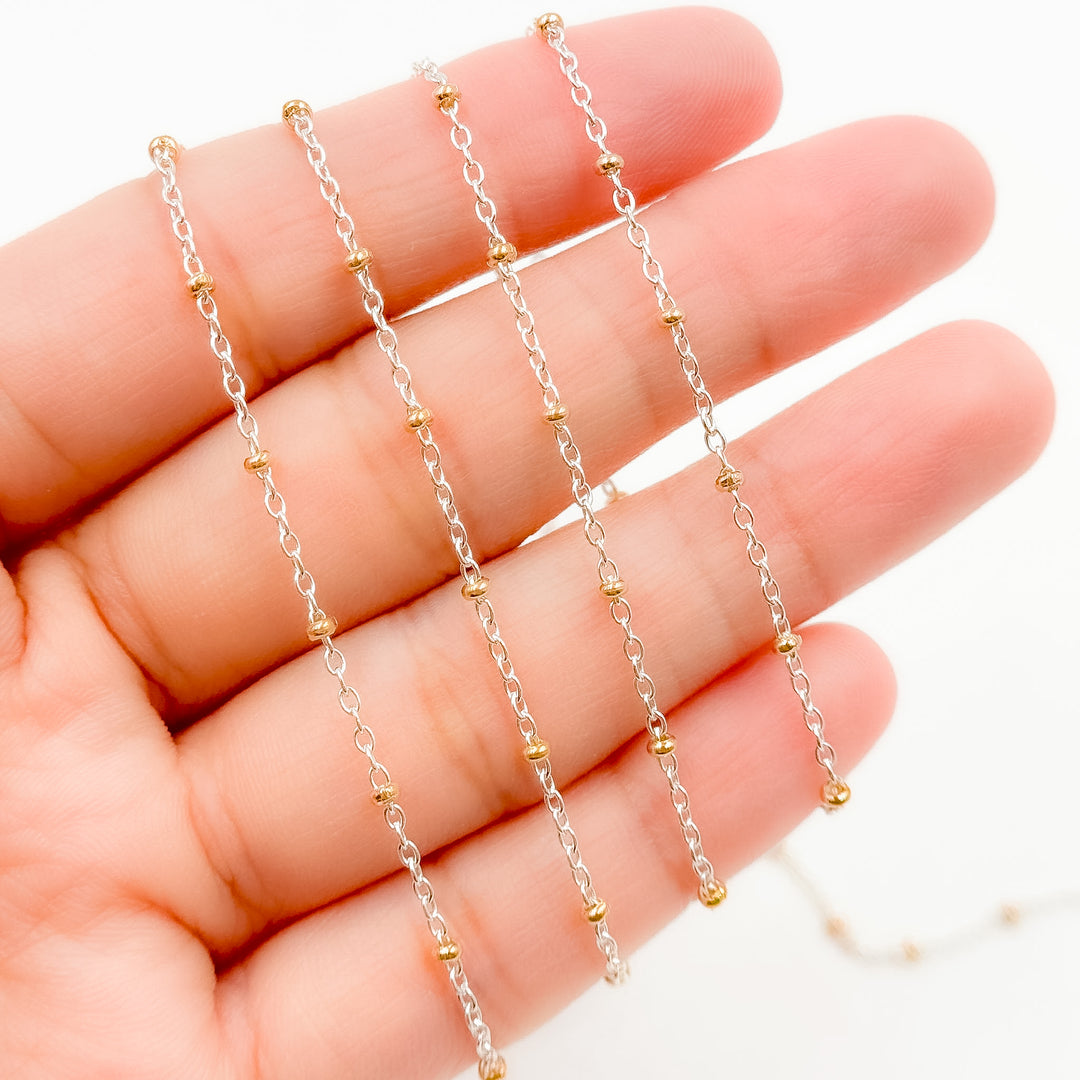 XM/S1322E/11G/SP. Sterling Silver Cable Chain with 14K Gold Filled Beads – Mixed Metal Design