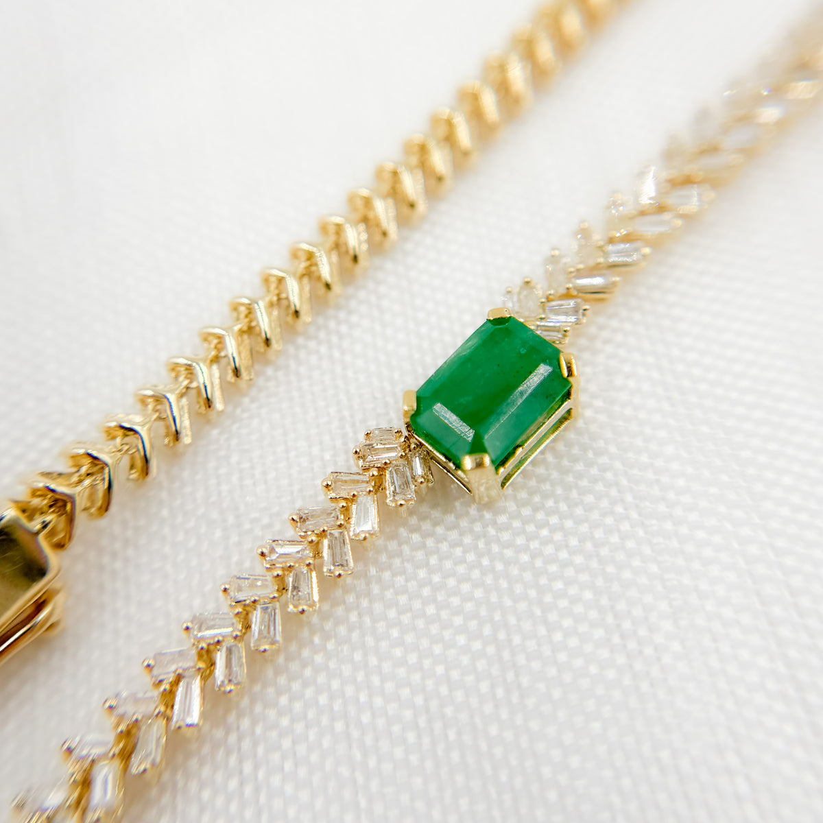 Solid Gold Baguette Diamond and Solitaire Emerald Necklace