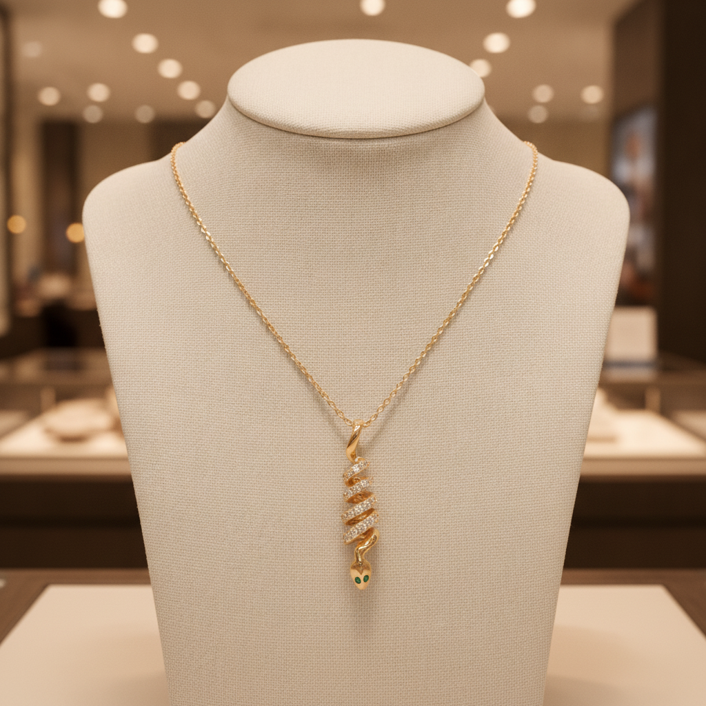 PFC33574EM. 14k Solid Gold Diamond and Emerald Snake Pendant