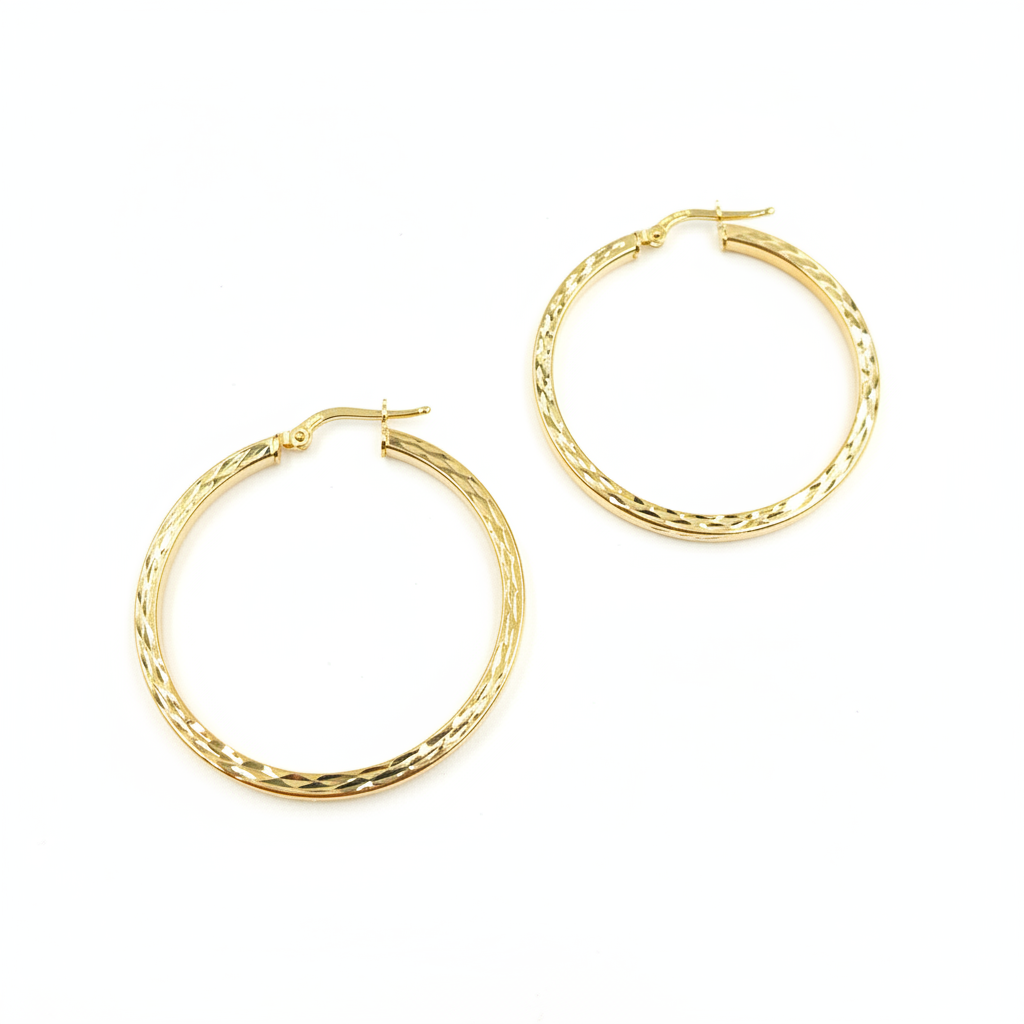 GER164. 14K Solid Gold Hollow Flat Diamond Cut Hoop