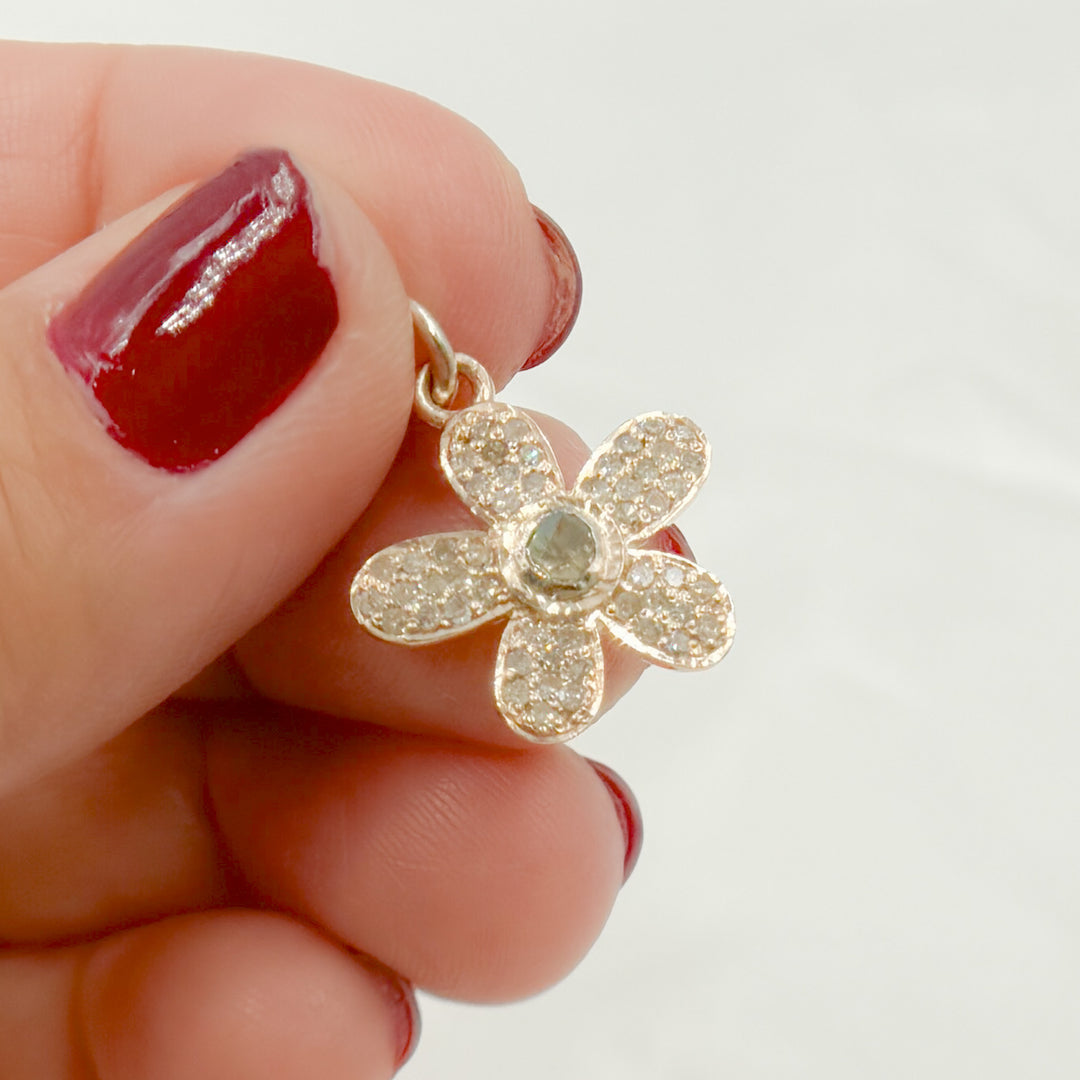 DC452. Polki Diamond & 925 Sterling Silver Black Rhodium, Gold Plated, and Rose Gold Plated Flower Charm.