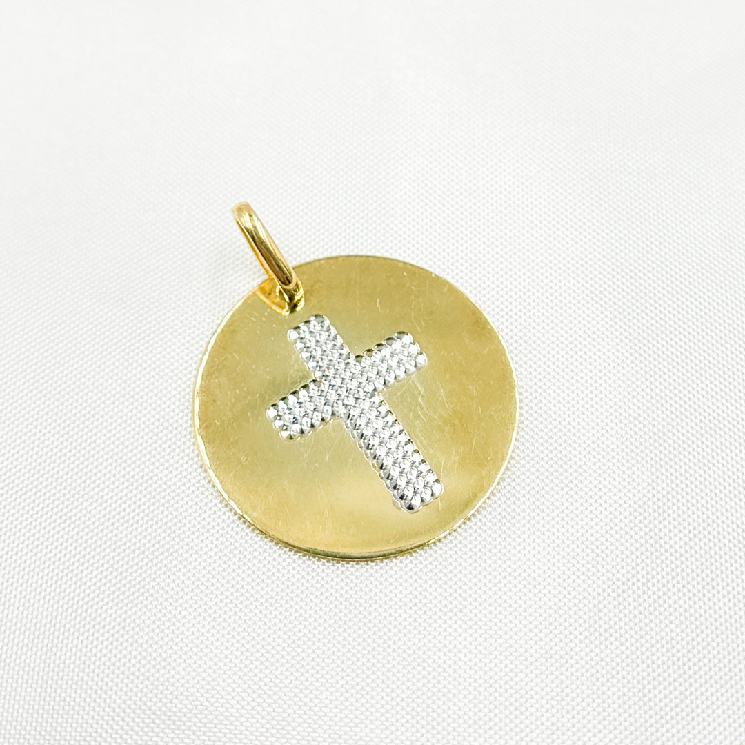 14K Solid Gold Circle Charm with Cross in the Center. GDP672