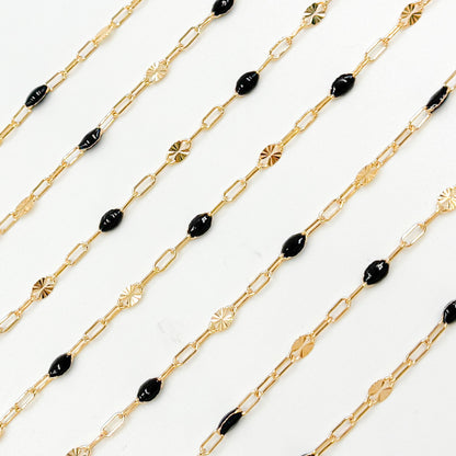 V295BKGF. 14K Gold Filled Black Color Enamel with Paperclip and Diamond Cut Marina Links