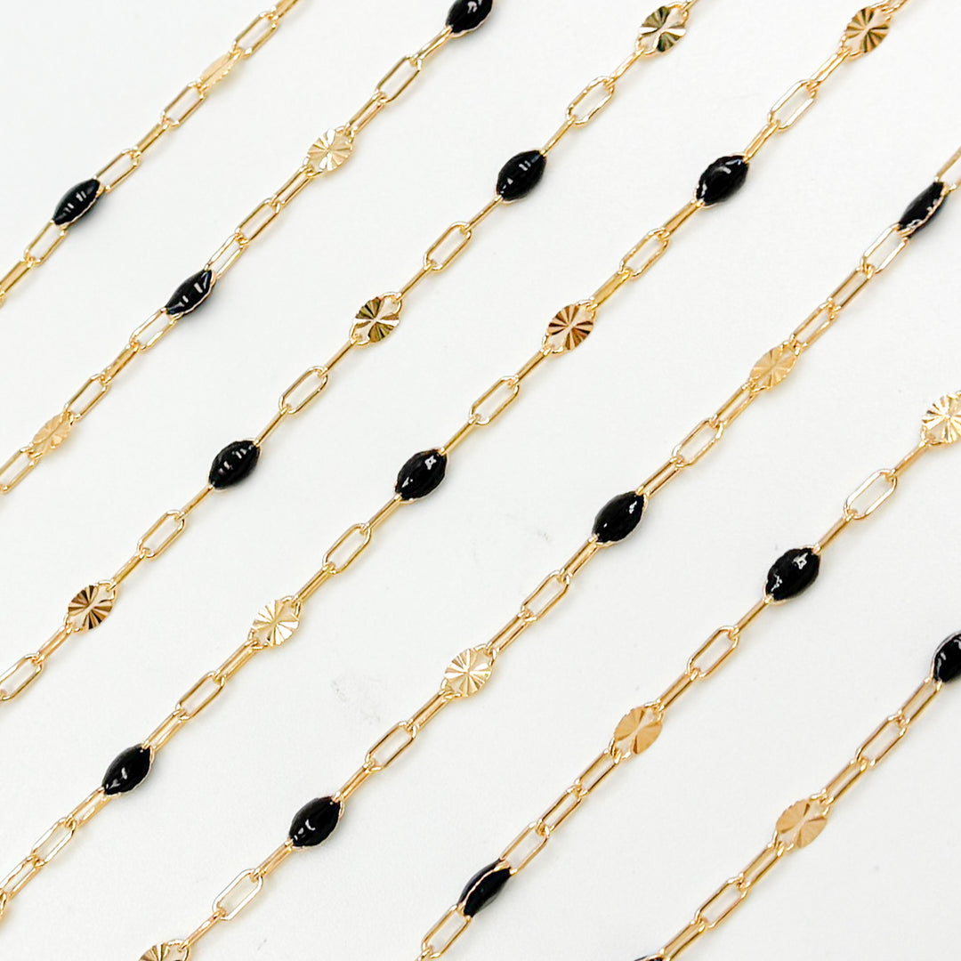 V295BKGF. 14K Gold Filled Black Color Enamel with Paperclip and Diamond Cut Marina Links