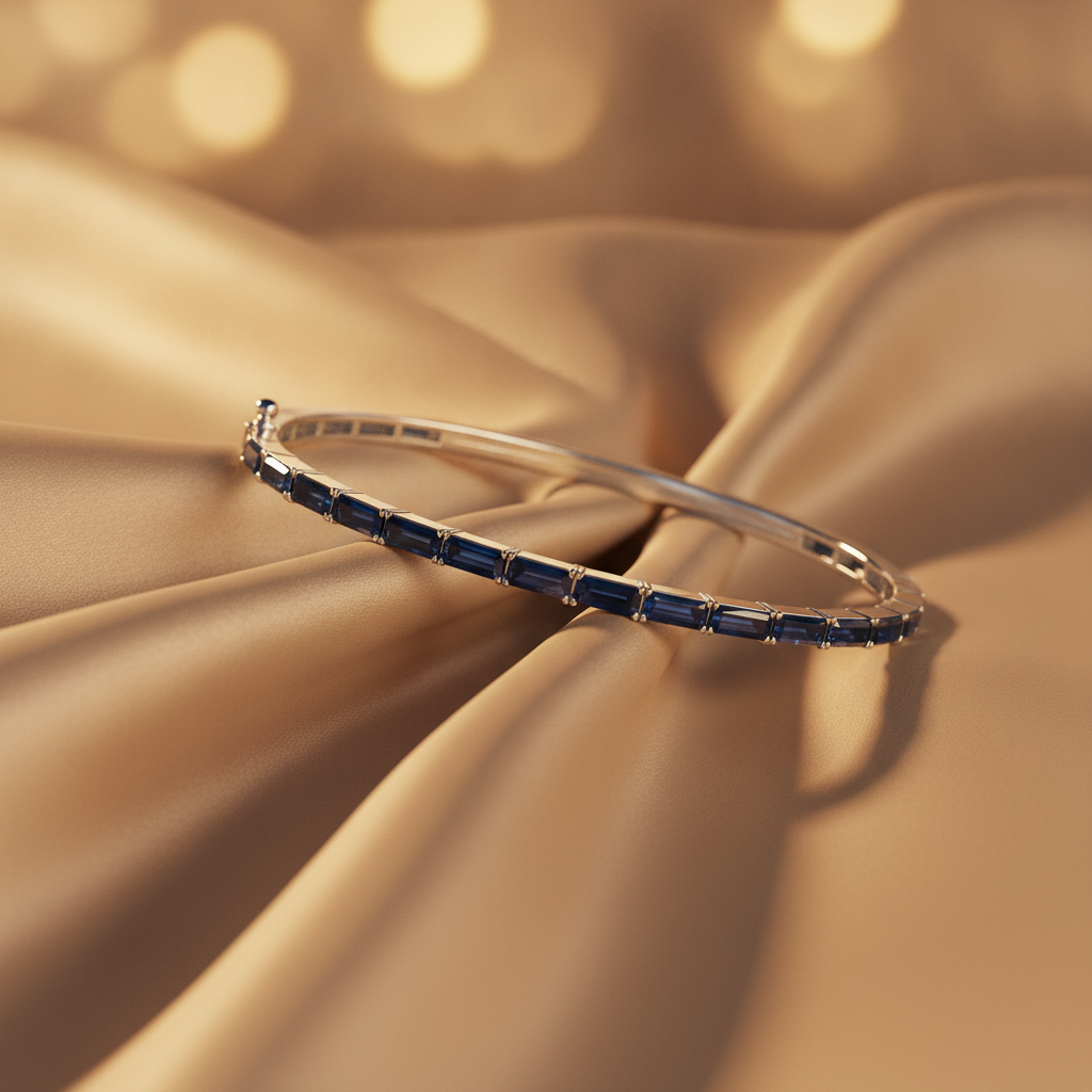 BNZ68665. 14K Solid White Gold Bangle with Blue Sapphire Baguette Stones