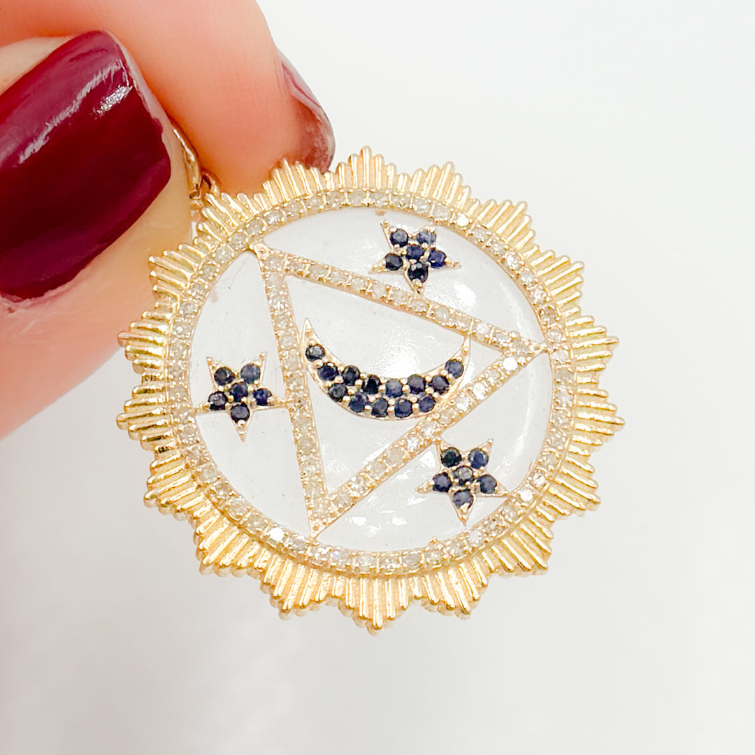 KG306. 14K Solid Gold Round Moon and Stars Pendant