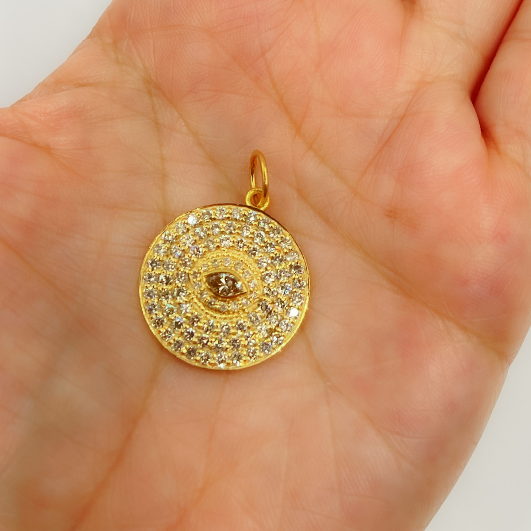 14K Solid Gold Circle Evil Eye Pendant Charm with Diamonds. GDP340